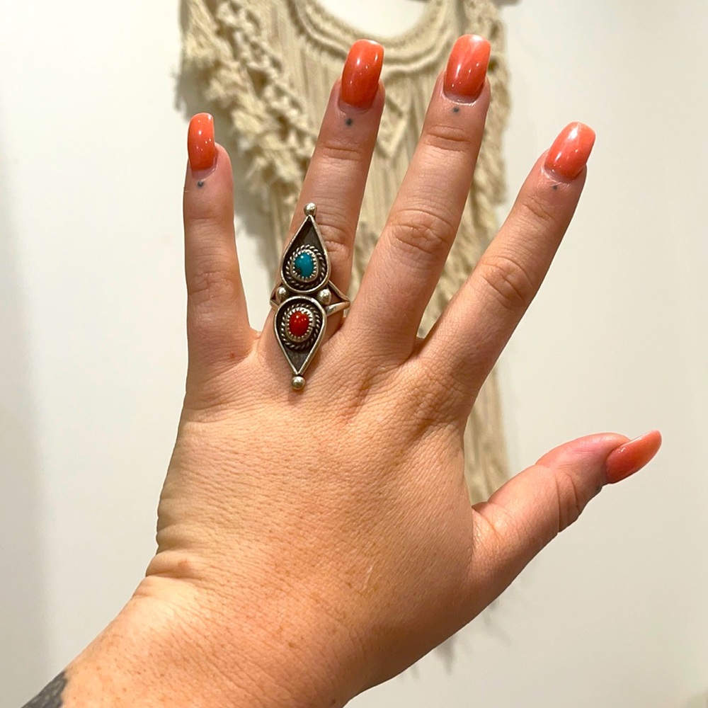 Vintage Red Coral & Turquoise Ring